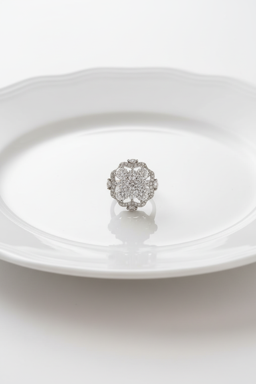 Silver Floral American Diamond Ring