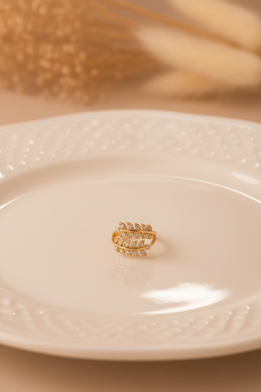 Crystal Leaf Gold Ring