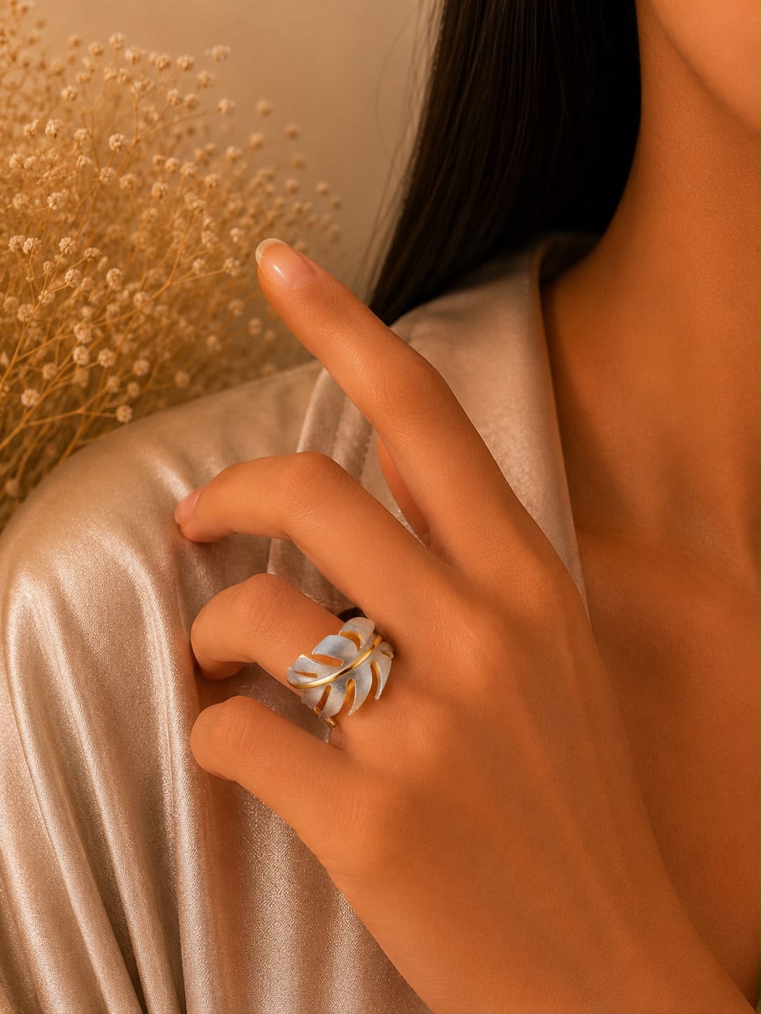 White Leaf Enamel Ring