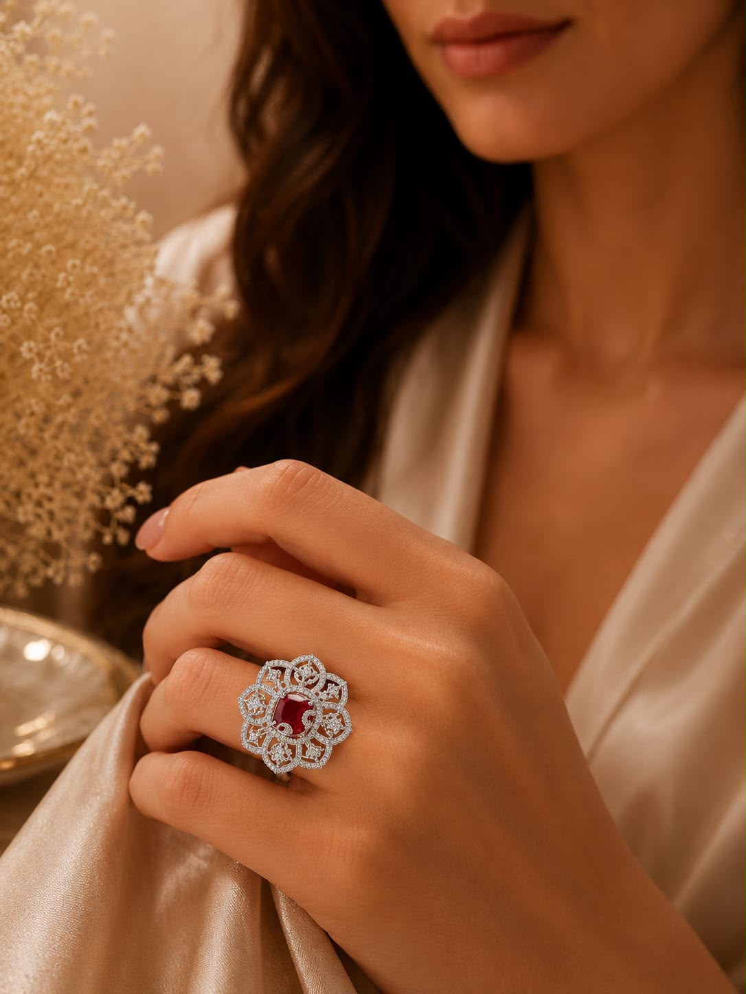 Ruby Red Floral American Diamond Ring