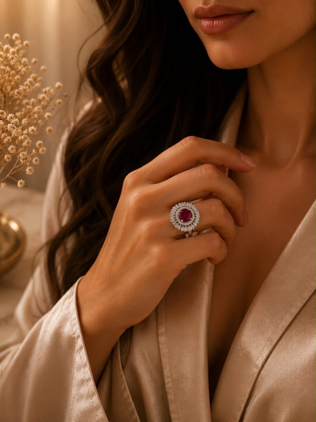 Ruby Halo American Diamond Ring