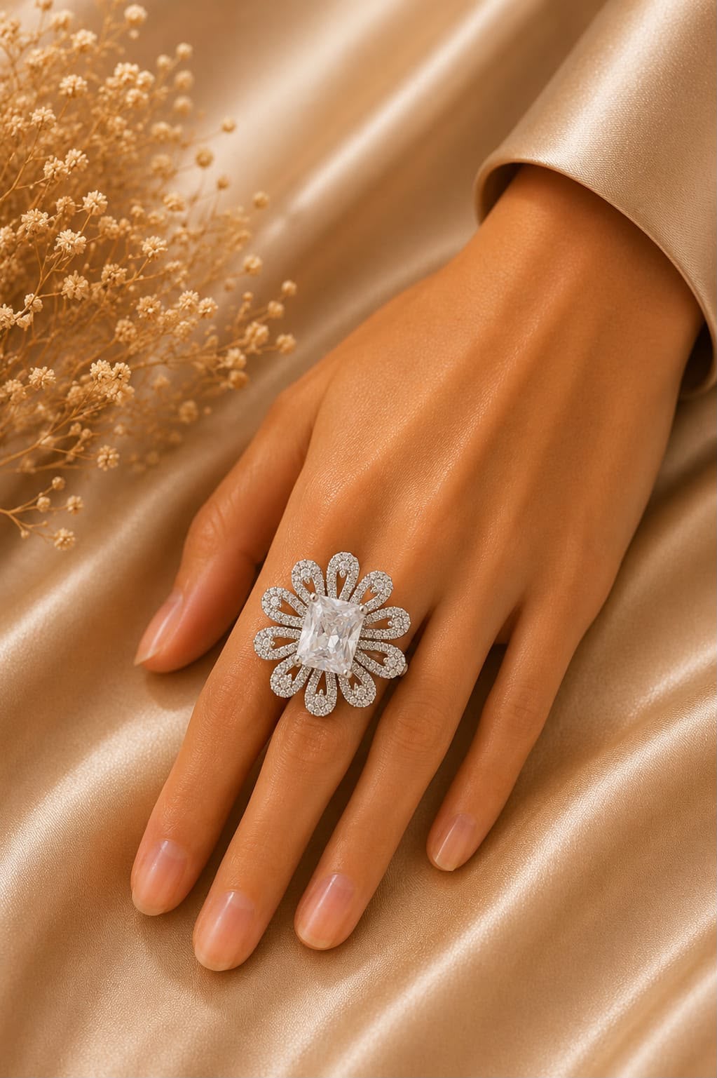Emerald Cut Floral American Diamond Ring