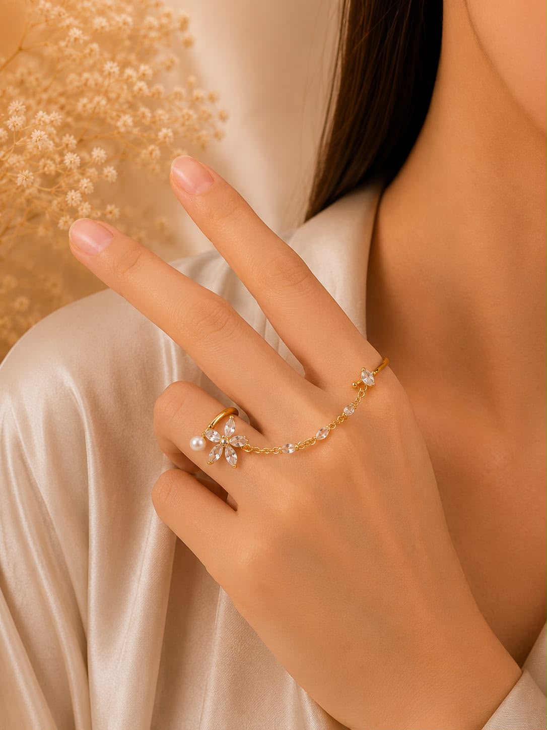 Floral Double Finger Chain Ring