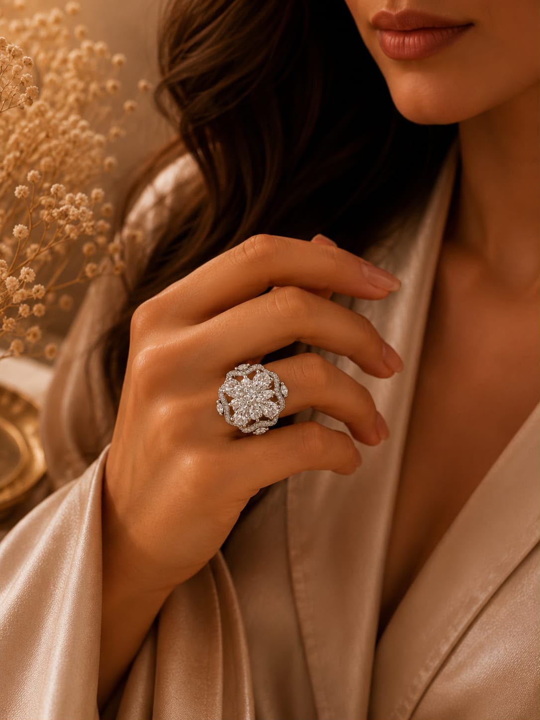 Silver Floral American Diamond Ring