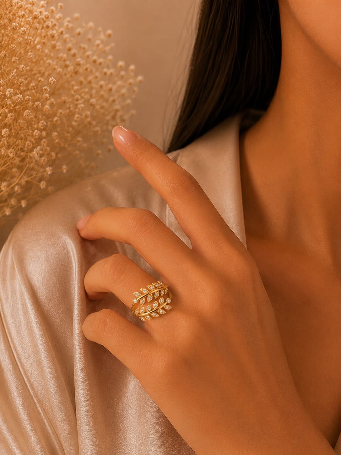 Crystal Leaf Gold Ring