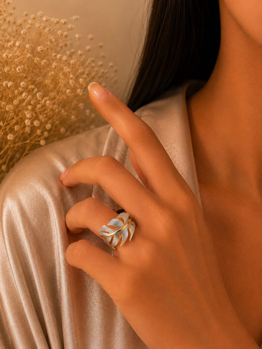 White Leaf Enamel Ring