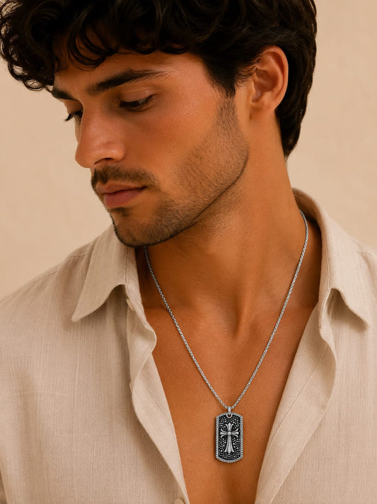 Silver Cross Dog Tag Pendant Chain