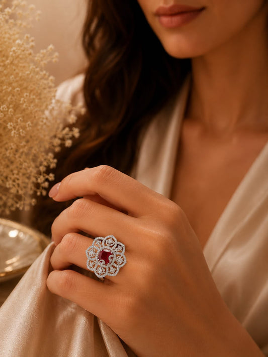Ruby Red Floral American Diamond Ring
