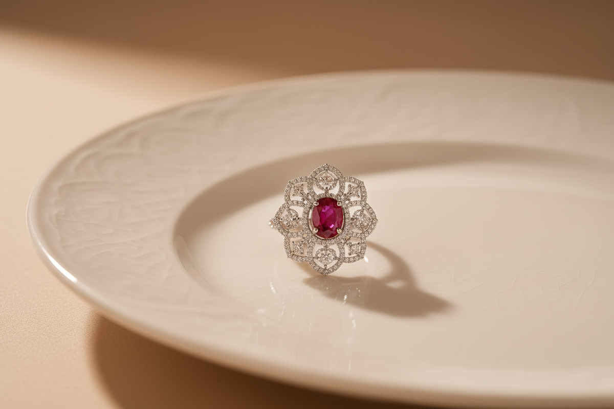 Ruby Red Floral American Diamond Ring
