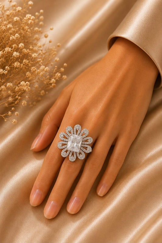 Emerald Cut Floral American Diamond Ring