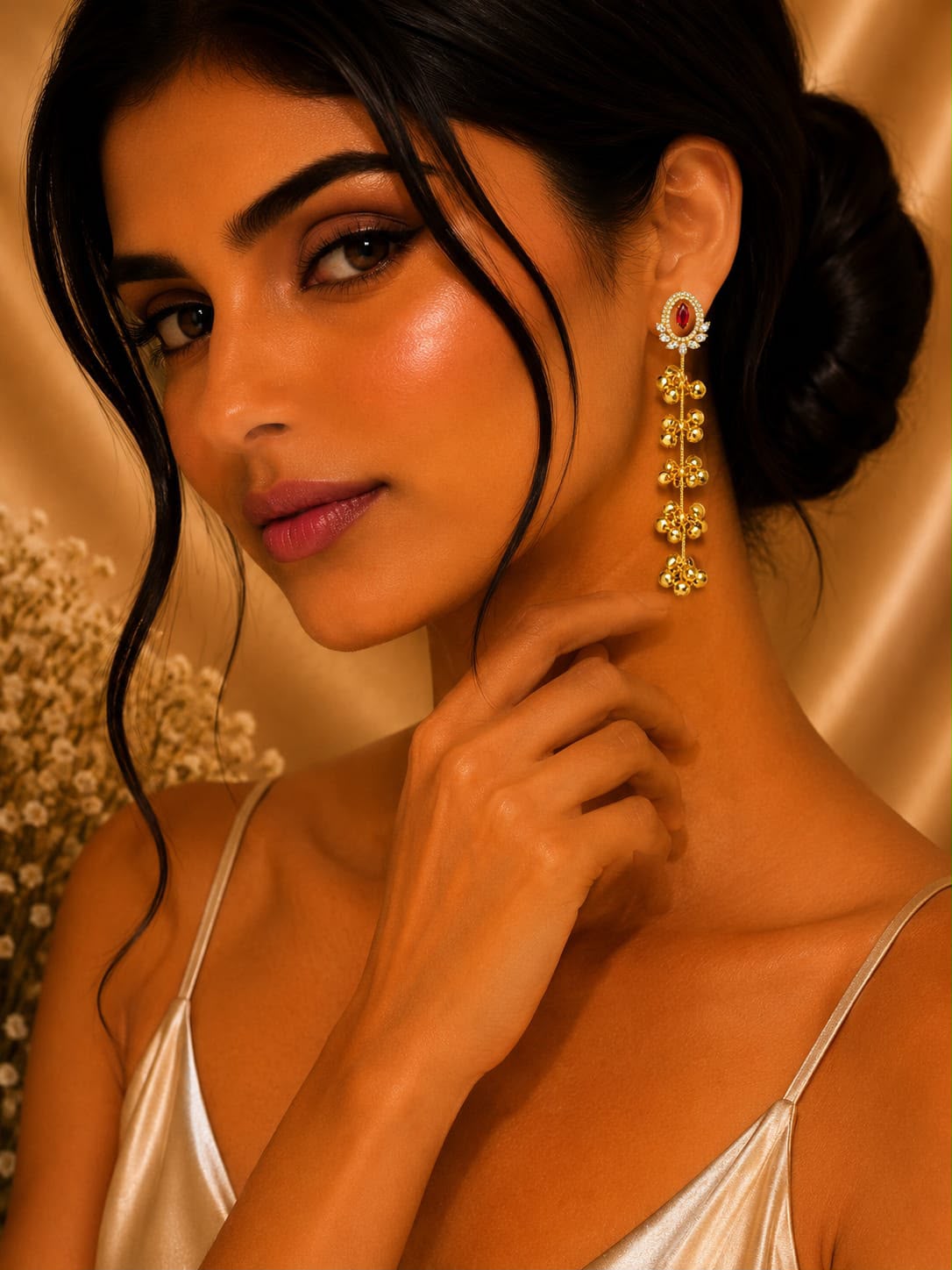 Pink and Gold Floral Drop Earrings